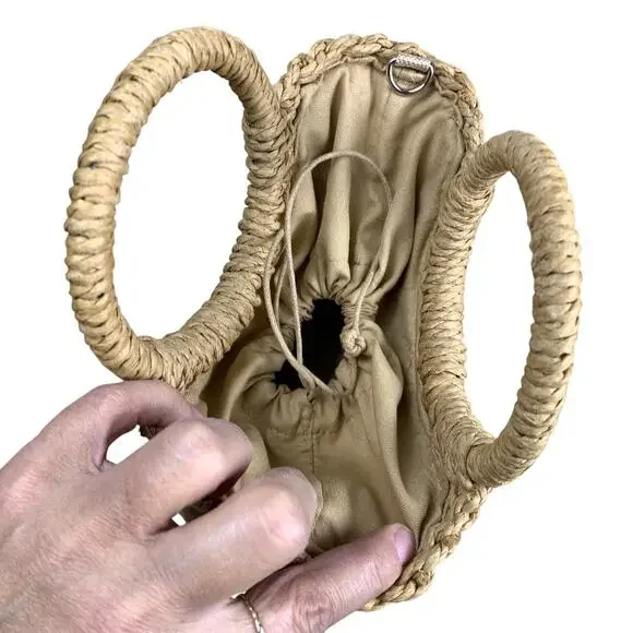 Circle Handle Rattan Straw Woven Crossbody Handbag Purse Women’s Medium - Picture 3 of 4